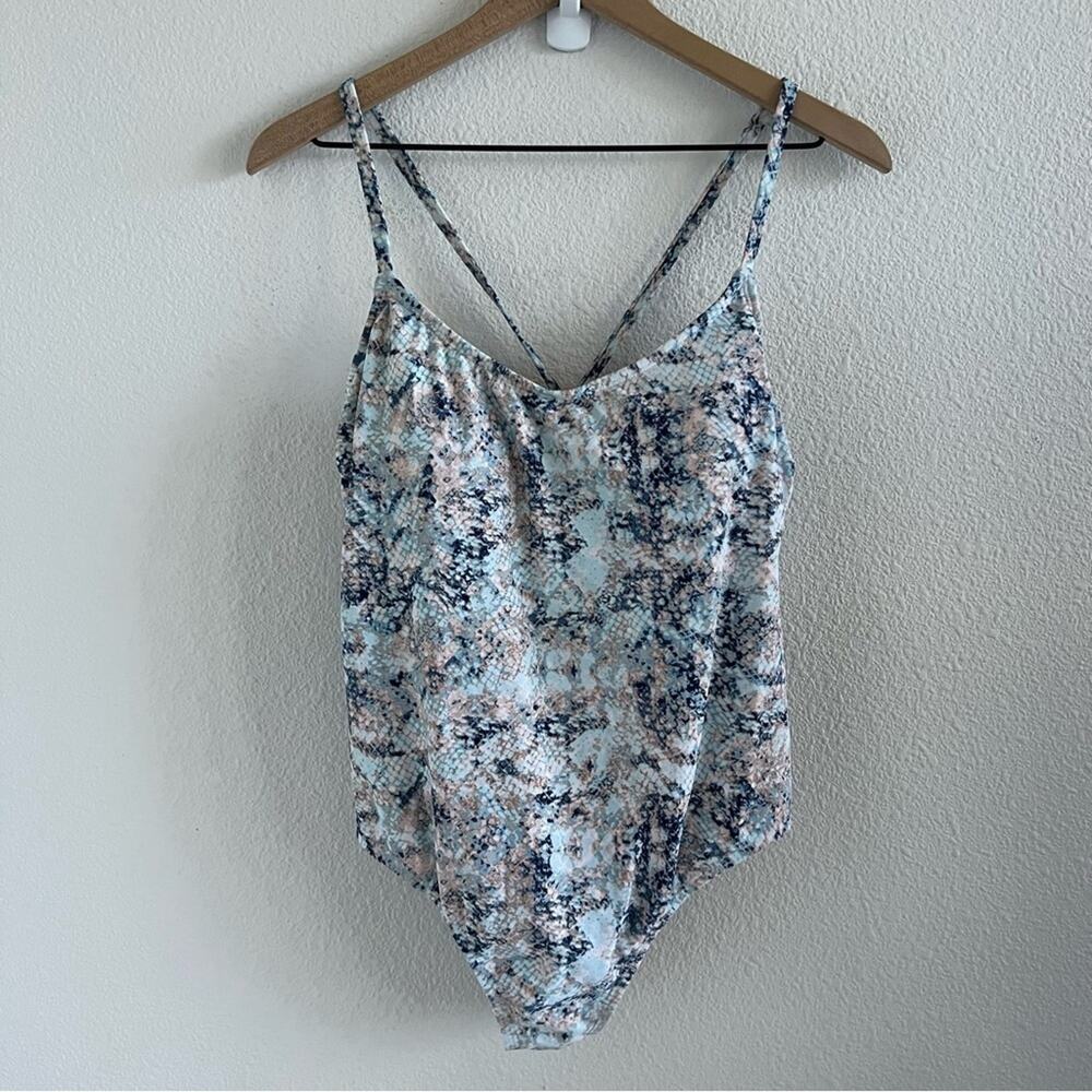 Kona Sol Watercolor Abstract Animal Print Earthy One Piece Strappy Swimsuit L